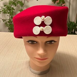 Elegant Red Wool Beret with White Swirl Knot Accents